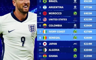 已晋级 世界杯 球队身价榜：英格兰 10.2亿领衔，南美双雄紧随