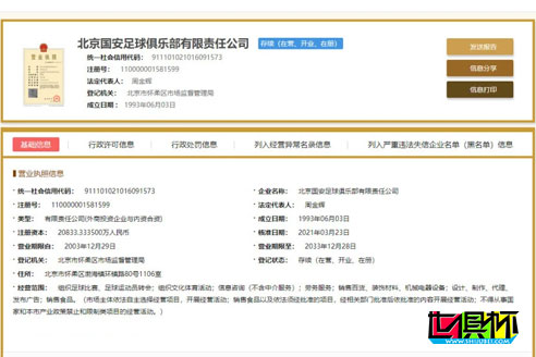 北京中赫国安已完成更名，国家企业信用信息系统显示为“北京国安”-第1张图片-世俱杯