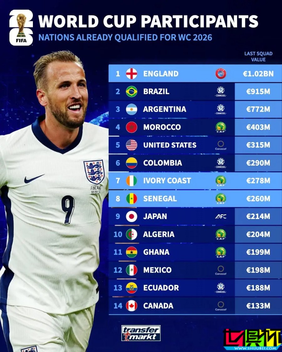 已晋级 世界杯 球队身价榜：英格兰 10.2亿领衔，南美双雄紧随-第1张图片-世俱杯